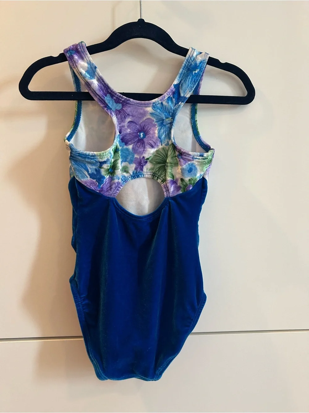 GK Girls Blue Floral Tank Velvet Gymnastics Leotard - Child’s Medium